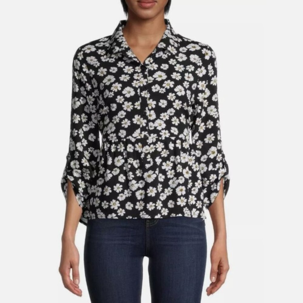 NEW Black Floral Jr Sz Small Casual or Dress Babydoll Shirt